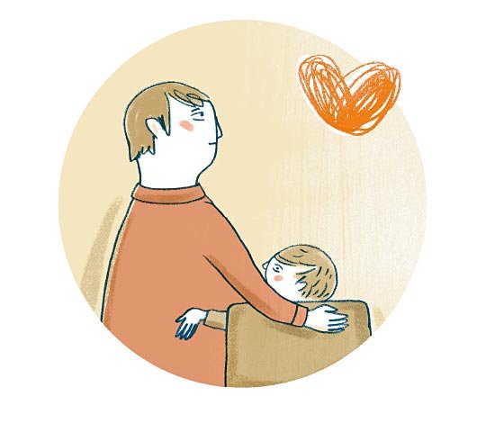 Ein Vater ist mit seinem Kind von hinten zu sehen. Das Kind sitzt, der Vater steht. Er hat den Arm auf die Lehne des Sitzes vom Kind gelegt. Der Arm des Kindes liegt auf seiner Taille. Beide schauen sich an, oben rechts befindet sich ein oranges Herz.