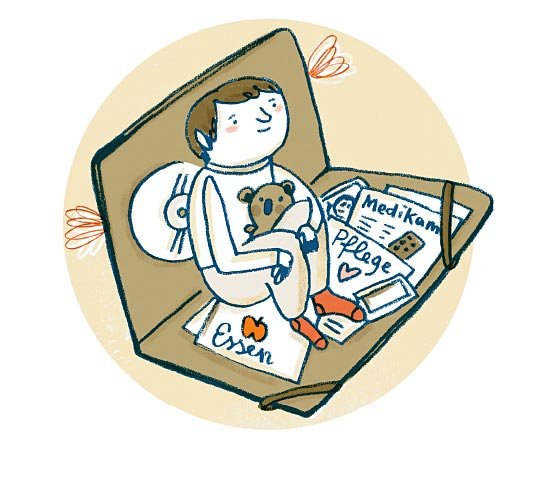 Eine aufgeklappte Mappe zeigt verschiedene Dokumente zum Thema Essen, Pflege und Medikamente. Auf der Mappe sitzt ein Kind, das einen Teddy im Arm hält.